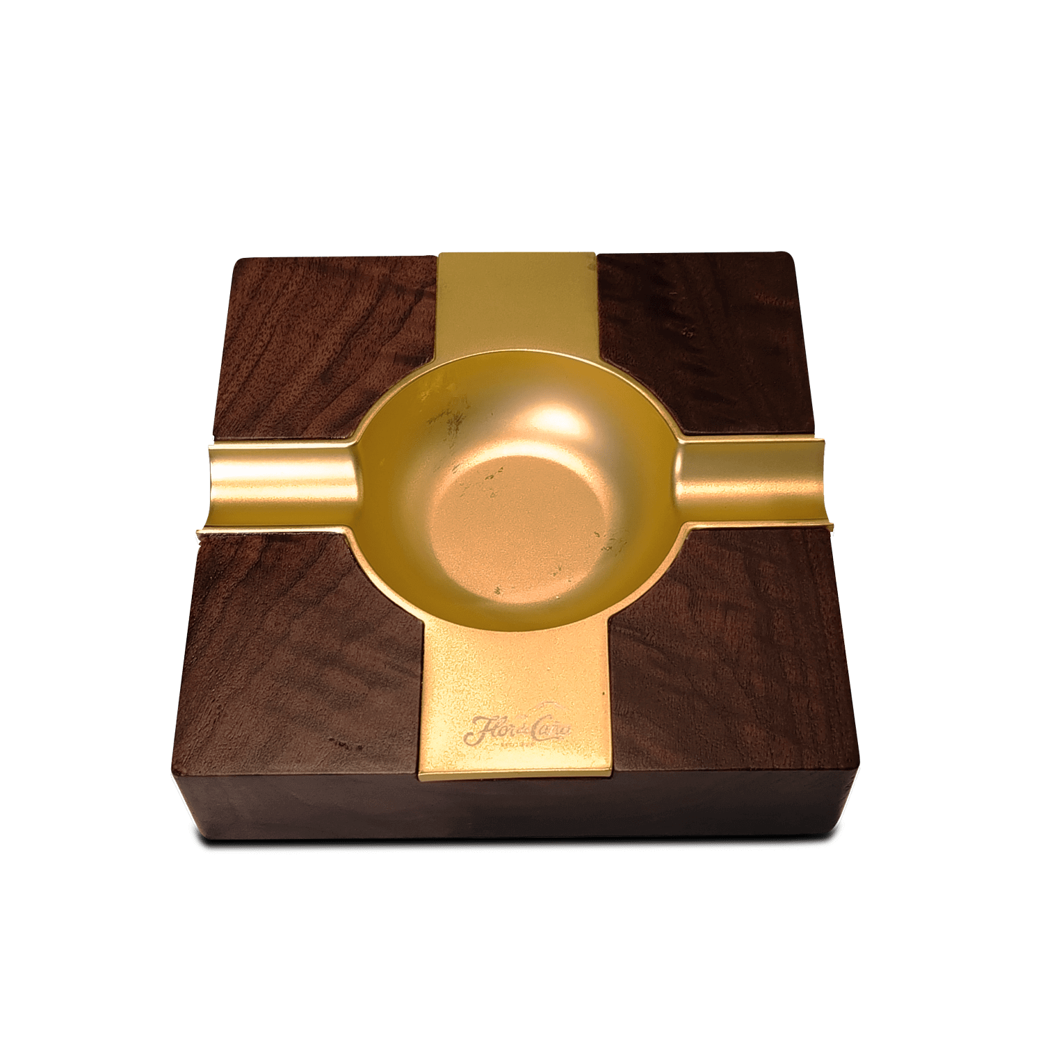 Elegante cenicero de Flor de Caña con diseño de madera y detalles dorados, ideal para realzar tu espacio.