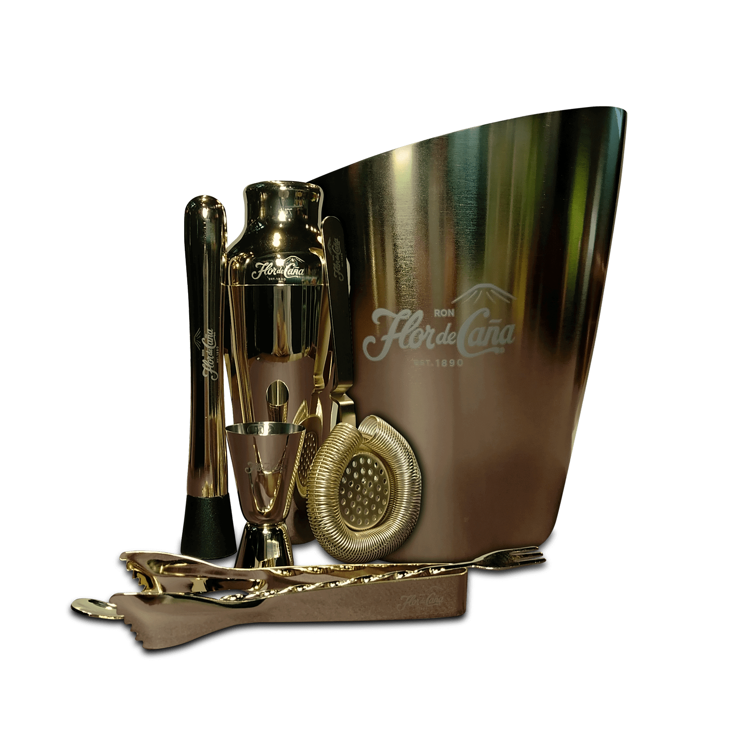 ULTRA PREMIUM BAR TOOL KIT by Flor de Caña in elegant gold finish for crafting cocktails.
