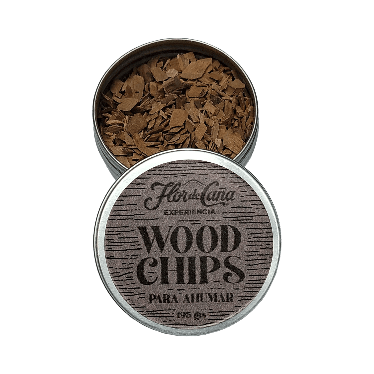 Flor de Caña wood chips in a metal tin for smoking, made from American oak, perfect for sustainable cocktails.